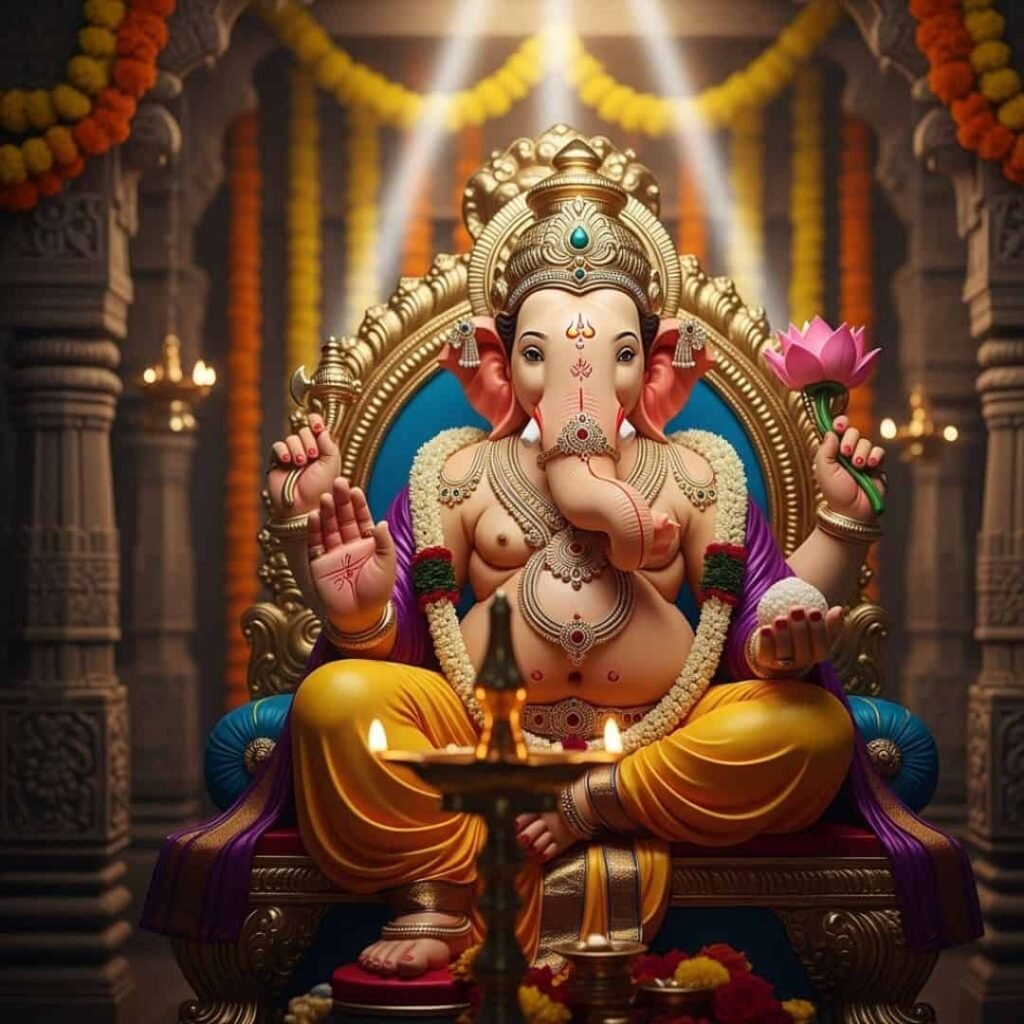 सजी हुई गणेश जी की मूर्ति श्री गणेश जी की आरती: सजी हुई गणेश जी की मूर्ति सिंहासन पर विराजित, कमल और मोदक लिए, दीप और हारों के साथ।