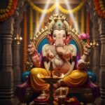 श्री गणेश जी की आरती: सजी हुई गणेश जी की मूर्ति सिंहासन पर विराजित, कमल और मोदक लिए, दीप और हारों के साथ।