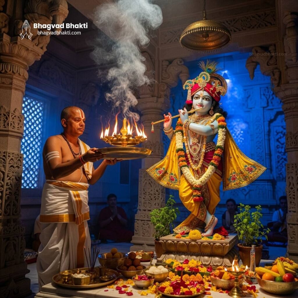 एक भव्य हिंदू मंदिर में रंग-बिरंगे वस्त्रों में सजी भगवान कृष्ण की मूर्ति के सामने दीपक, फूल और भोग के साथ आरती (Krishna ji ki Aarti Lyrics) करते हुए पुजारी।