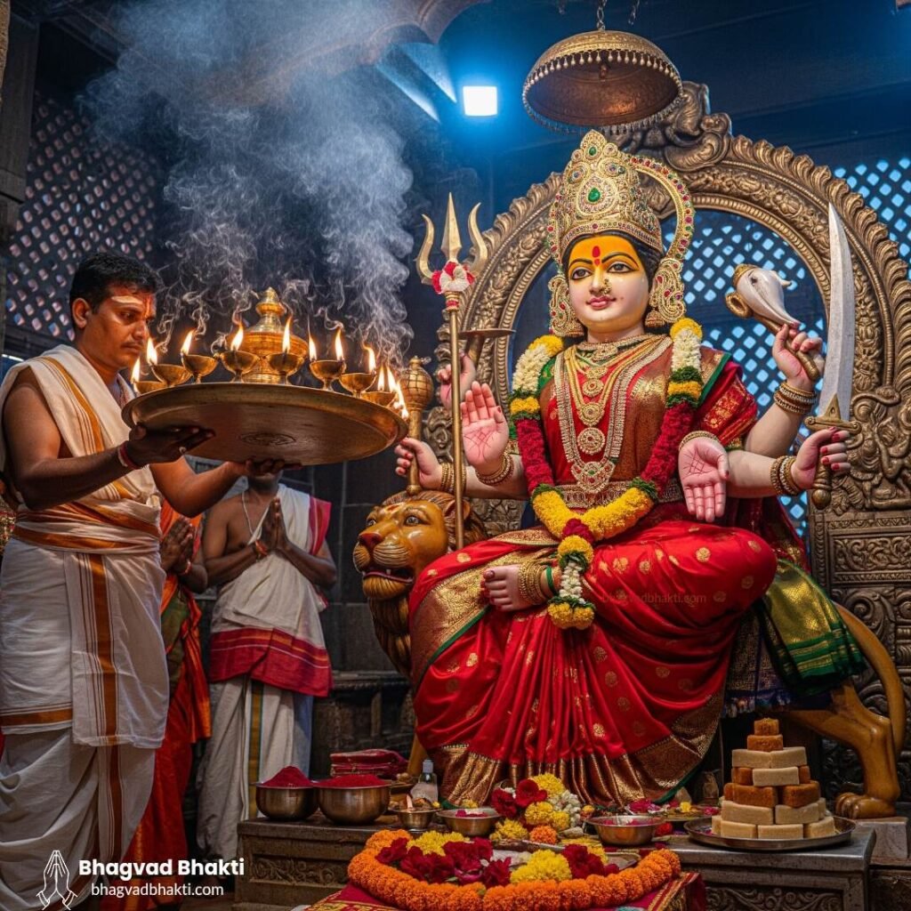 लाल और सोने रंग में सजी माँ दुर्गा की मूर्ति को आरती (Jai Ambe Gauri lyrics in hindi) दी जा रही है, जबकि एक पुरोहित पीतल का बहु-दीयों वाला दीपक थामे हैं; मंदिर की वेदी पर फूल, धूप का धुआँ और भेंट-सामग्री दिखाई दे रही है।