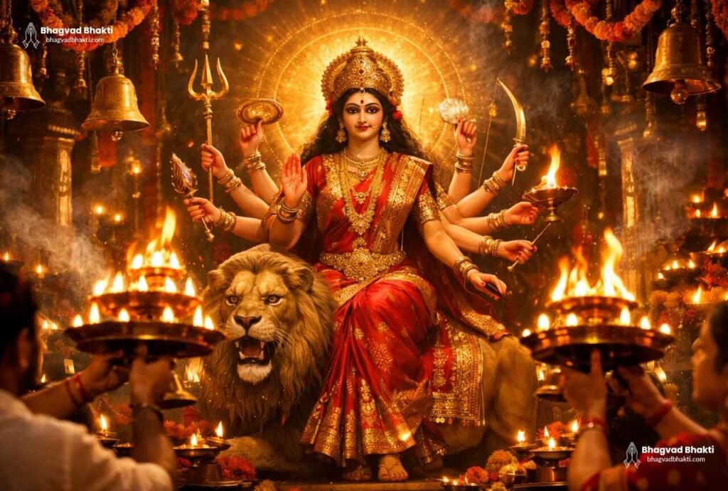 लाल और सोने रंग में सजी माँ दुर्गा की मूर्ति को आरती (Durga Aarti Lyrics - Jai Ambe Gauri lyrics in hindi) दी जा रही है, जबकि एक पुरोहित पीतल का बहु-दीयों वाला दीपक थामे हैं; मंदिर की वेदी पर फूल, धूप का धुआँ और भेंट-सामग्री दिखाई दे रही है।