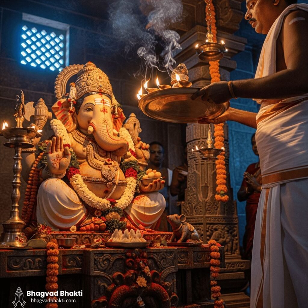 एक मंदिर में सुखकर्ता दुखहर्ता श्री गणेश की खूबसूरती से सजी मूर्ति के समक्ष पुजारी आरती (Sukhkarta dukhharta full aarti lyrics) कर रहे हैं; उनके हाथ में पीतल के दीये हैं और आसपास गेंदा की मालाएँ, अगरबत्ती का धुआँ तथा पीतल की थाली पर रखे प्रसाद दिखाई दे रहे हैं।