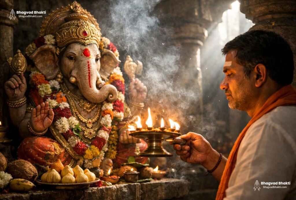 A priest is performing sukhkarta dukhharta aarti lyrics in english before the beautifully decorated idol of Sukhkarta Dukhharta Lord Ganesha in a temple; he holds brass lamps in his hands, and around him are marigold garlands, incense smoke, and offerings placed on a brass plate.