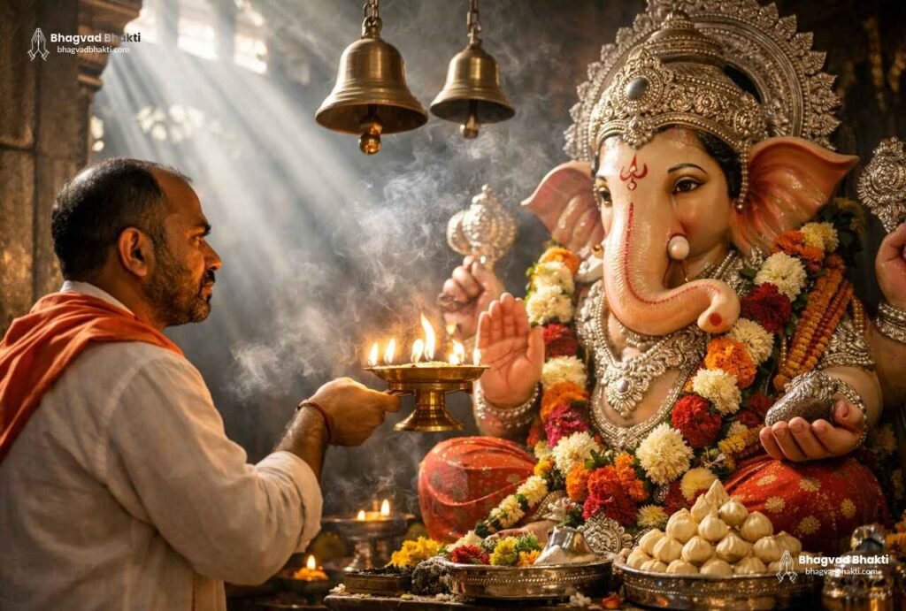 मंदिर में भगवान गणेश की मूर्ति के सामने दीपक, धूप, फूल और भोग के साथ आरती (Shendur lal chadhayo lyrics in Hindi) करते हुए पुजारी।
