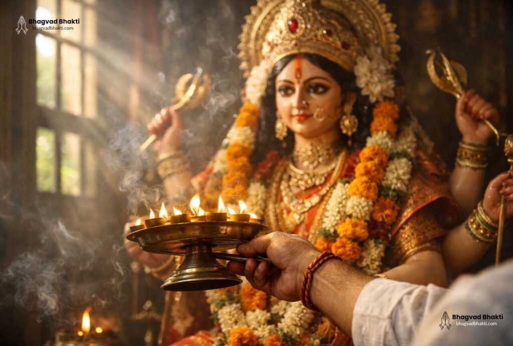 मंदिर में सिंह पर विराजमान सजी-धजी देवी दुर्गा की प्रतिमा के सामने दीपक, धूप और भोग के साथ आरती (Ambe tu hai Jagdambe kali aarti lyrics) करते हुए पुजारी।