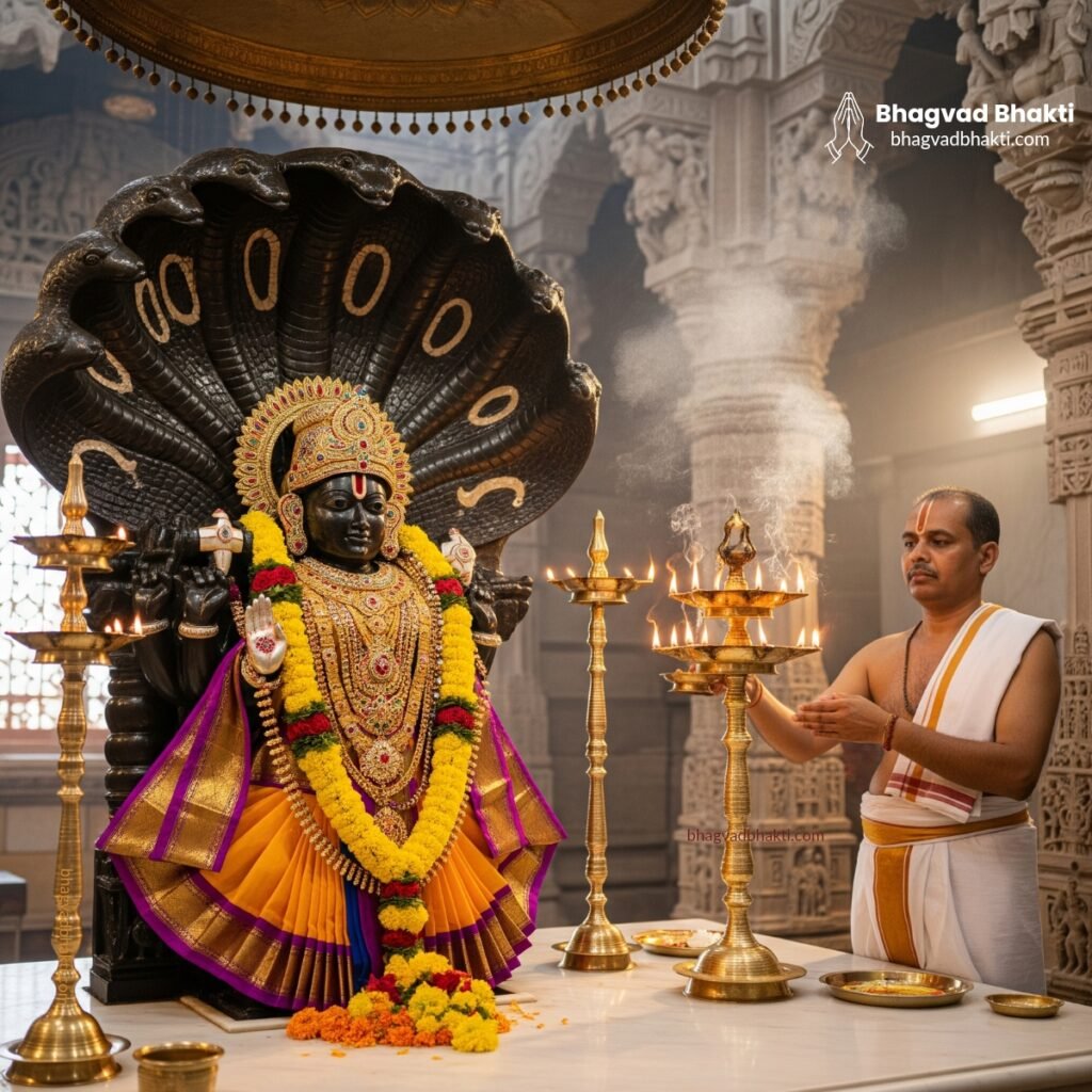 नक्काशीदार मंदिर में सत्यनारायण भगवान की पुजारी आरती (Satyanarayan aarti lyrics in hindi) कर रहे हैं।