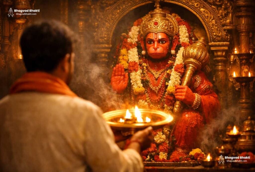 The Balaji idol is adorned with flowers and rudraksha beads. A priest performing the balaji aarti in english in front of Balaji. Devotees, with folded hands and deep reverence, are singing the Balaji aarti.