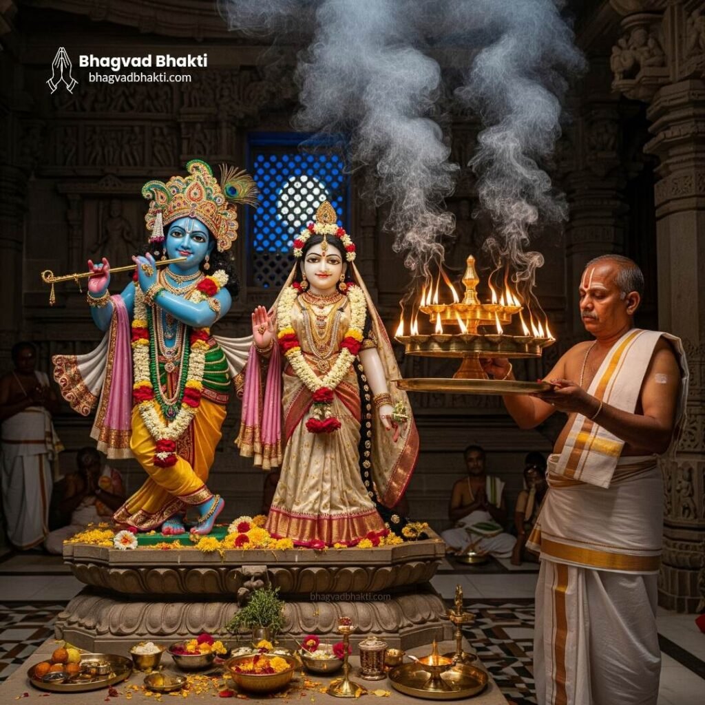 नक्काशीदार मंदिर में राधा-कृष्ण मूर्तियों की फूल और भोग के साथ बहु-स्तरीय पीतल दीपक से आरती (Radha Aarti Lyrics: Aarti Shri Vrishbhanu Suta ki Lyrics) करते पुजारी।