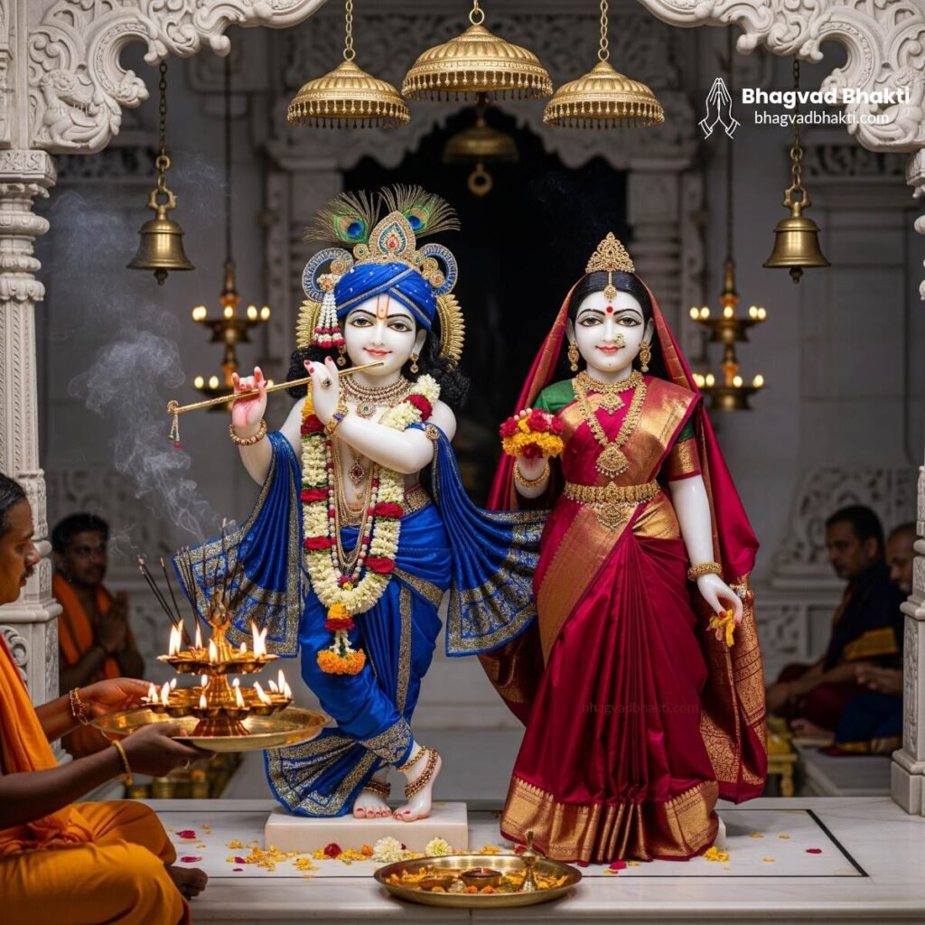 एक भव्य मंदिर में दीपक, धूप, माला और भोग के साथ राधा और कृष्ण की मूर्तियों को आरती (Aarti Yugal Kishore ki Kije Lyrics) करते हुए पुजारी।