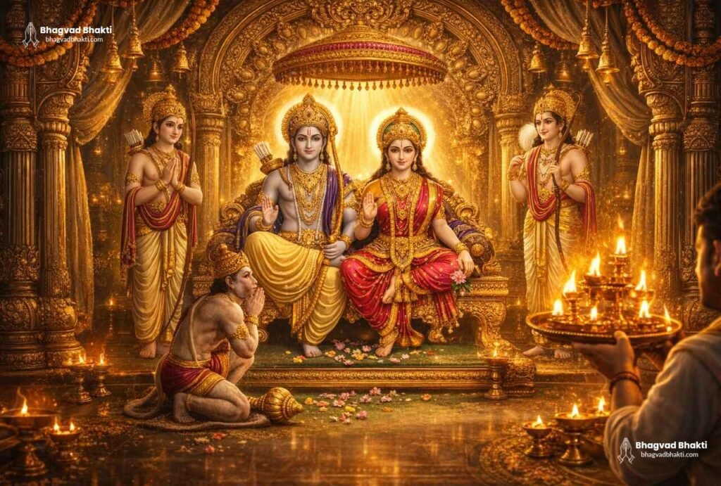 राम दरबार की मूर्तियों के सामने पुजारी आरती (aarti shri ramayan ji ki lyrics) कर रहे हैं। राम, सीता, लक्ष्मण और हनुमान को दीपक और पुष्प, प्रसाद अर्पित है।