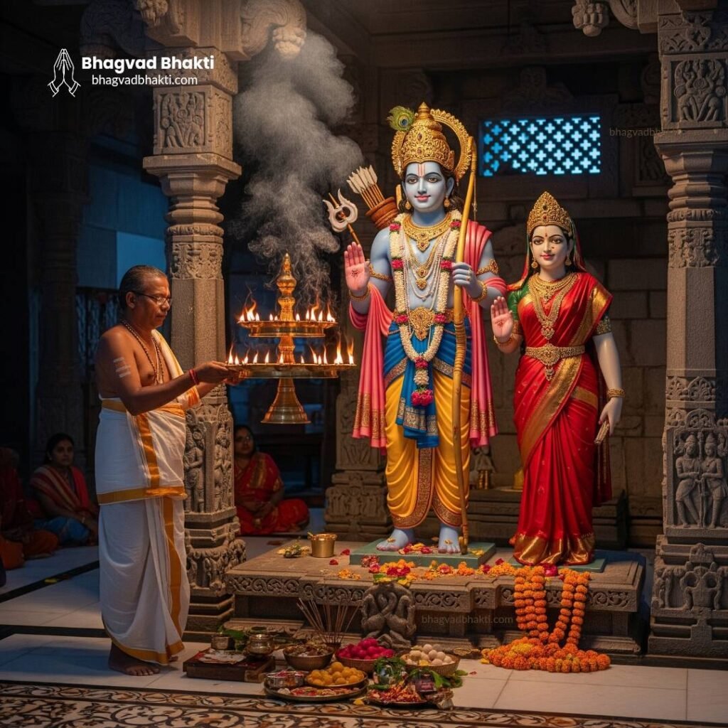 मंदिर में भगवान श्री राम और माता सीता पुष्प मालाओं से सजे हैं। सामने धूप लगी है, प्रसाद अर्पित है और पुजारी आरती (Shri Ram ji ki Aarti) कर रहे हैं।