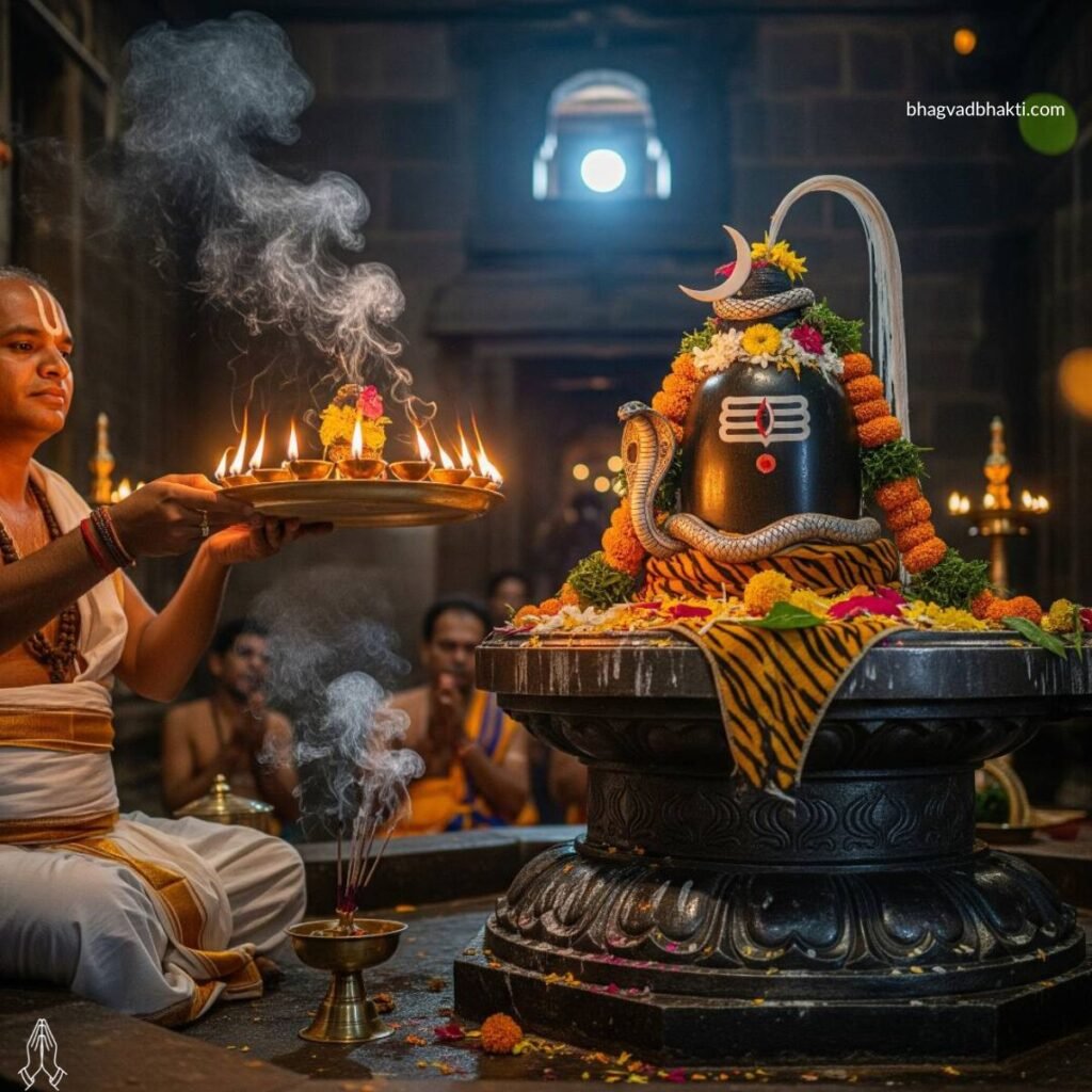 मंदिर में फूल मालाओं से सजे शिव लिंग की आरती गेंदे की मालाओं और फूलों से सुसज्जित काले शिवलिंग, पीतल की आरती की थाली और धूपबत्ती लिए पुजारी, पृष्ठभूमि में श्रद्धालु भगवान शिव की आरती (om jai shiv omkara aarti lyrics) करते हुए।