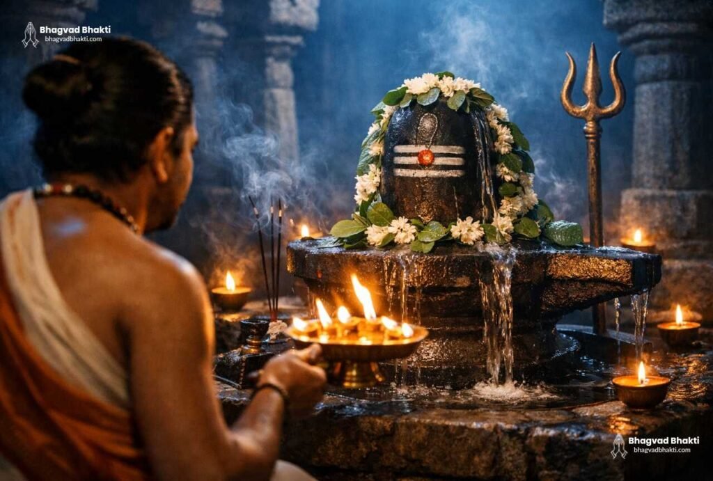 गेंदे की मालाओं और फूलों से सुसज्जित काले शिवलिंग, पीतल की आरती की थाली और धूपबत्ती लिए पुजारी, पृष्ठभूमि में श्रद्धालु भगवान शिव की आरती (shiv ji ki aarti lyrics: om jai shiv omkara aarti lyrics) करते हुए।