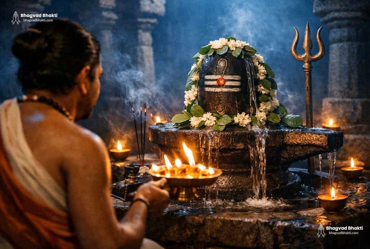 Black Shivalinga decorated with marigold garlands and flowers, priest holding brass aarti plate and incense sticks, devotees performing Lord Shiva aarti lyrics in english in the background.