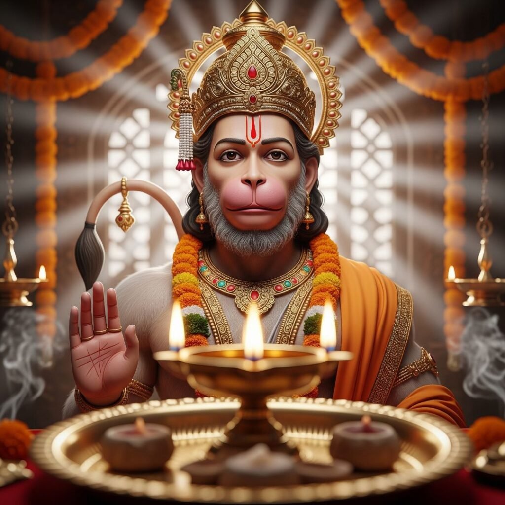 श्री हनुमान जी की छवि दीपक के साथ श्री हनुमान जी की आरती के लिये उनकी मुर्ति के सामने अर्पित आरती की थाली और जलता दीपक