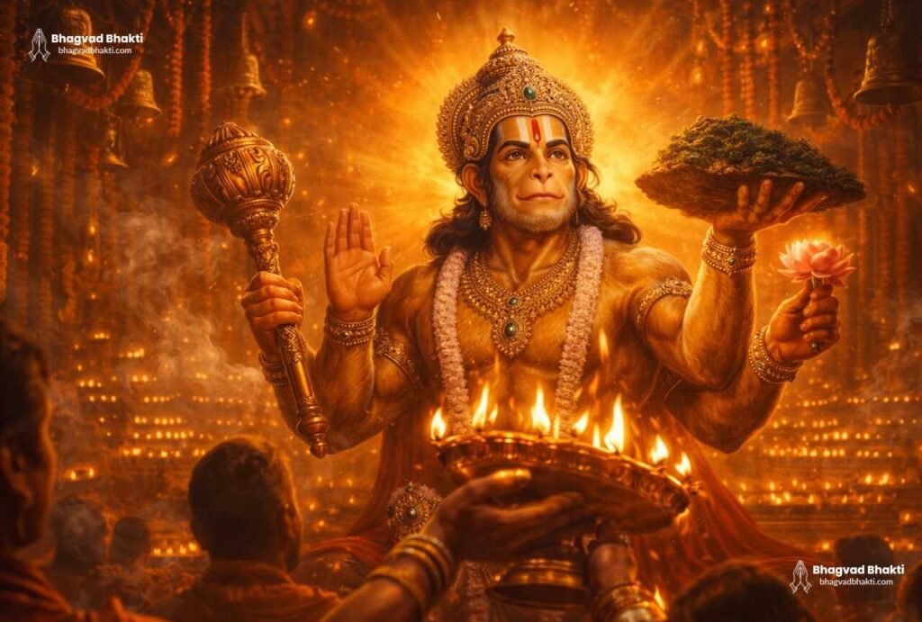 (Hanuman Aarti Lyrics)श्री हनुमान जी की आरती के लिये उनकी मुर्ति के सामने अर्पित आरती की थाली और जलता दीपक