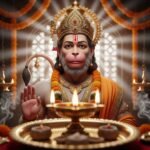 श्री हनुमान जी की आरती के लिये उनकी मुर्ति के सामने अर्पित आरती की थाली और जलता दीपक