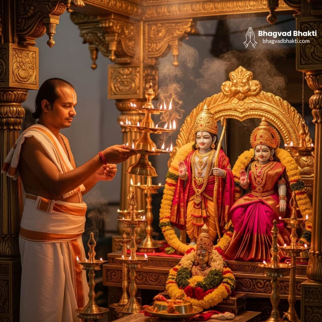 मंदिर में पुष्पमालाओं से सज्जित सीता राम के समक्ष पुजारी आरती (Jai Janki Natha Aarti Lyrics) कर रहे हैं।