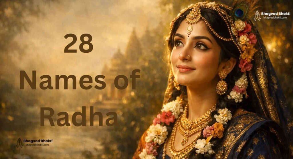 Digital art of Radha Rani with text 28 Names of Radha Rani.