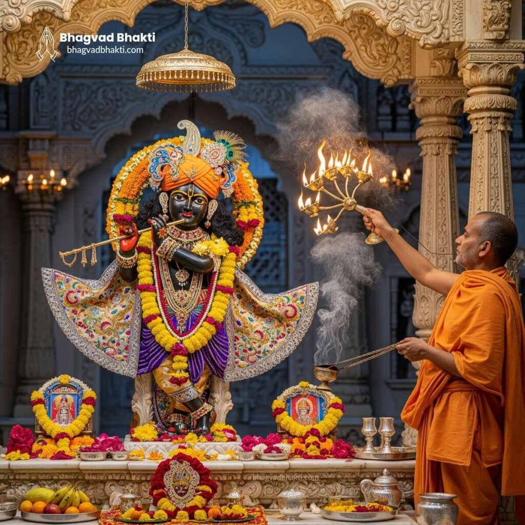 मंदिर में सजे-धजे बांके बिहारी (भगवान कृष्ण) की पुजारी जलते दीपों के साथ आरती (Banke Bihari aarti lyrics in Hindi) करते हुए।