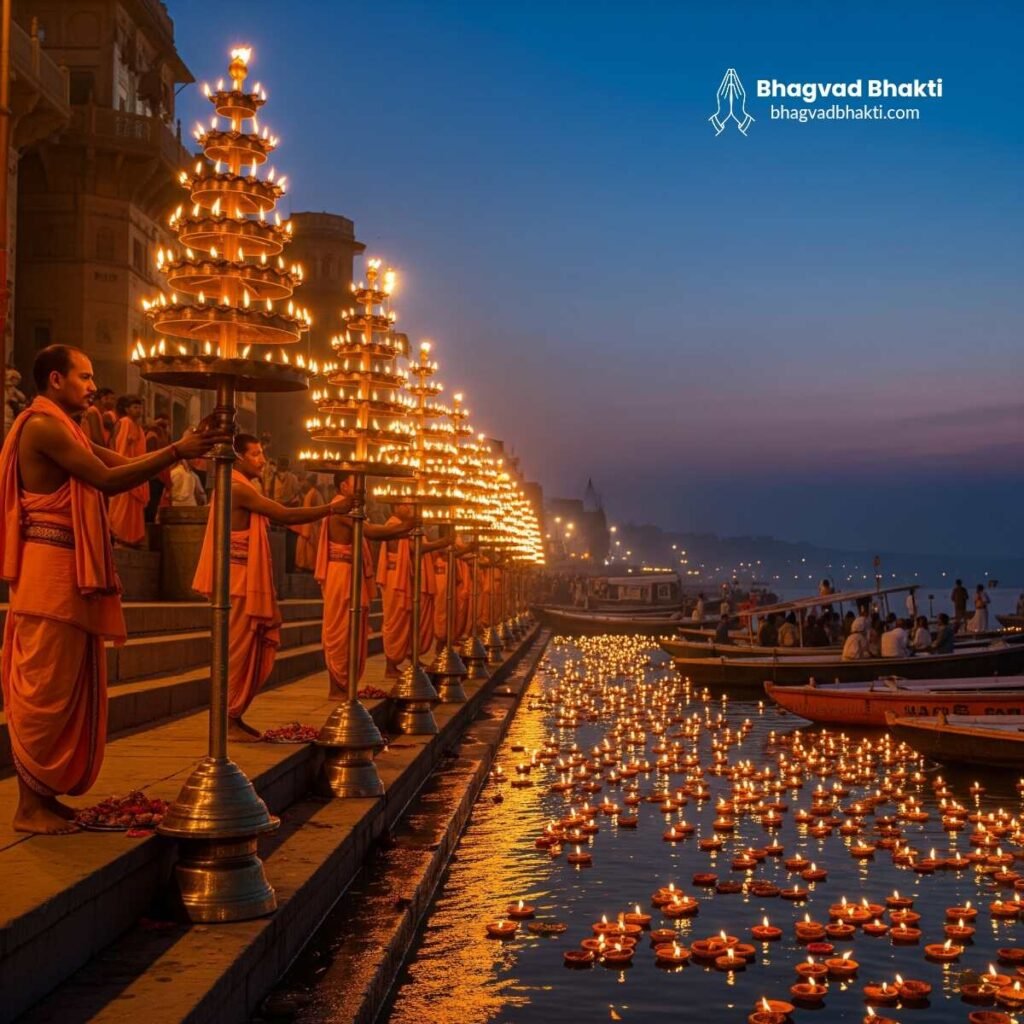 वाराणसी घाट पर शाम की गंगा आरती (Ganga aarti lyrics in Hindi) करते हुए पुजारी, बहु-स्तरीय दीपक थामे हुए, सैकड़ों दीये सांझ के समय गंगा पर तैर रहे हैं।