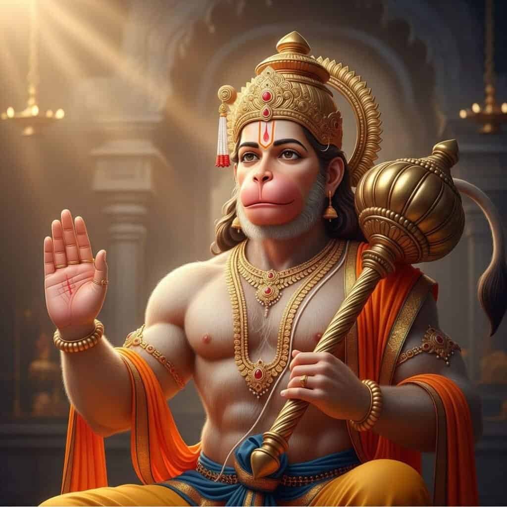 श्री हनुमान चालीसा: हनुमान जी आशीर्वाद मुद्रा में, हाथ उठाकर स्वर्ण गदा थामे हुए और सोने के आभूषणों से सुसज्जित हैं।