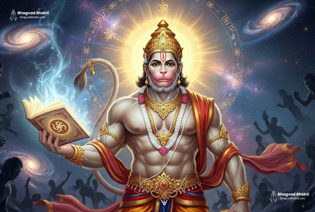 दिव्य तेज से युक्त भगवान हनुमान, हाथ में पुस्तक धारण किए हुए, जो शक्ति, निर्भयता, सुरक्षा और हनुमान चालीसा के लाभ (hanuman chalisa benefits in hindi) दर्शाता है।