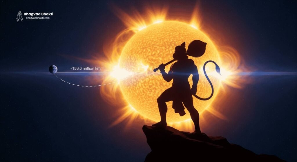 हनुमान की सिल्हूट इमेज, पीछे विशाल सूरज और दूर पृथ्वी के साथ — लेख: हनुमान चालीसा में पृथ्वी से सूर्य की दूरी