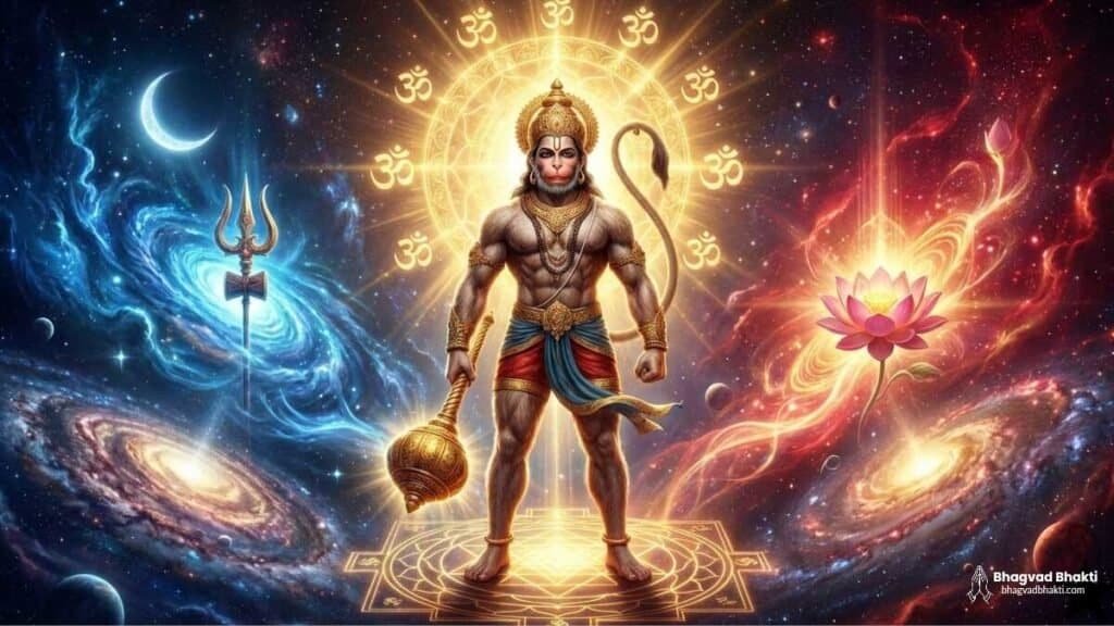 Hanuman ji ki puch: हनुमान जी का एक शक्तिशाली चित्र जो शिव और शक्ति के मिलन को दर्शाता है। इसमें एक तरफ नीला त्रिशूल और दूसरी तरफ सुनहरा कमल है, और पीछे आकाशगंगा के साथ दिव्य ॐ के चिन्ह दिखाई दे रहे हैं।
