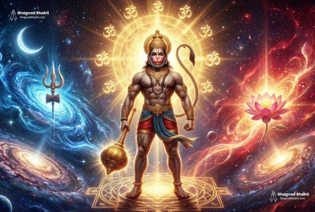 Hanuman tail: A powerful depiction of Lord Hanuman representing the union of Shiva and Shakti, featuring a blue trident on one side, a golden lotus on the other, and divine Om symbols against a galaxy background.