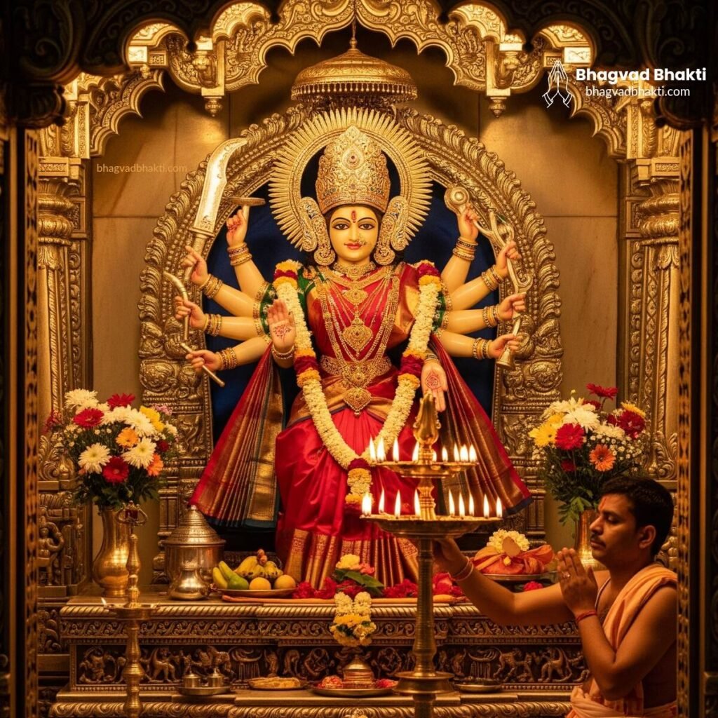 मंदिर में पुजारी माँ जगत जननी की आरती (Ma Jagjanani jai jai) करते हुए।