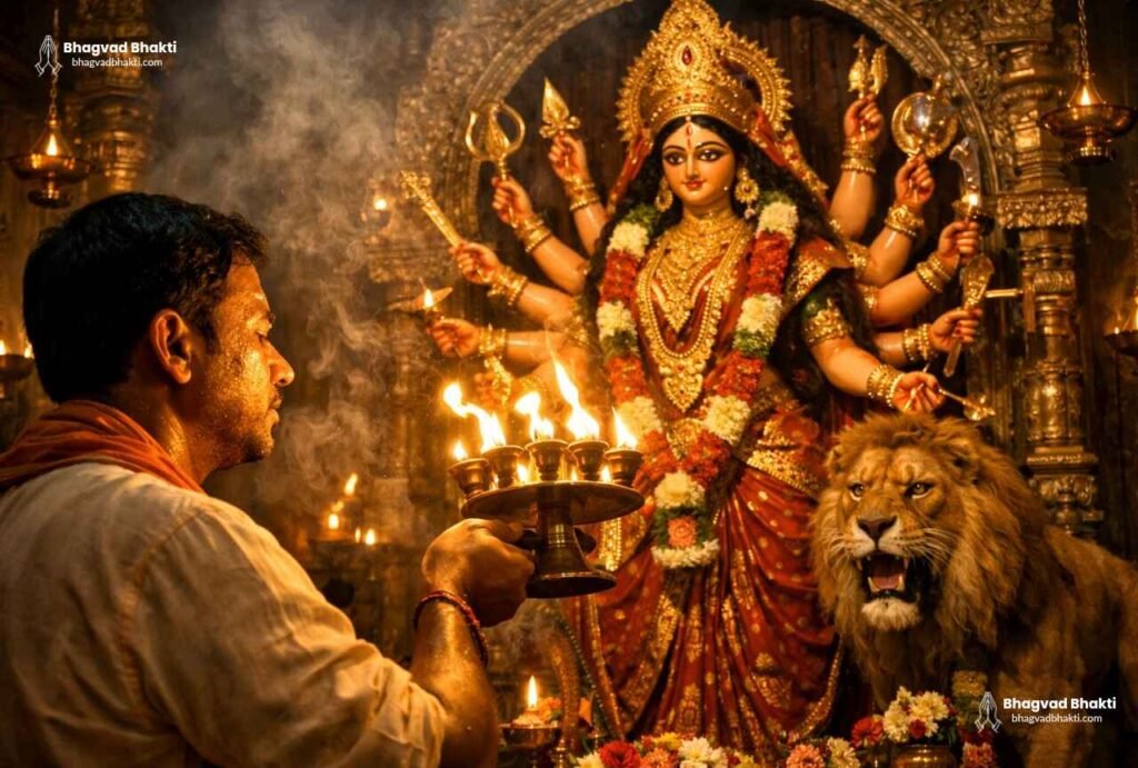 मंदिर में पुजारी माँ जगत जननी की आरती (Ma Jagjanani jai jai) करते हुए।