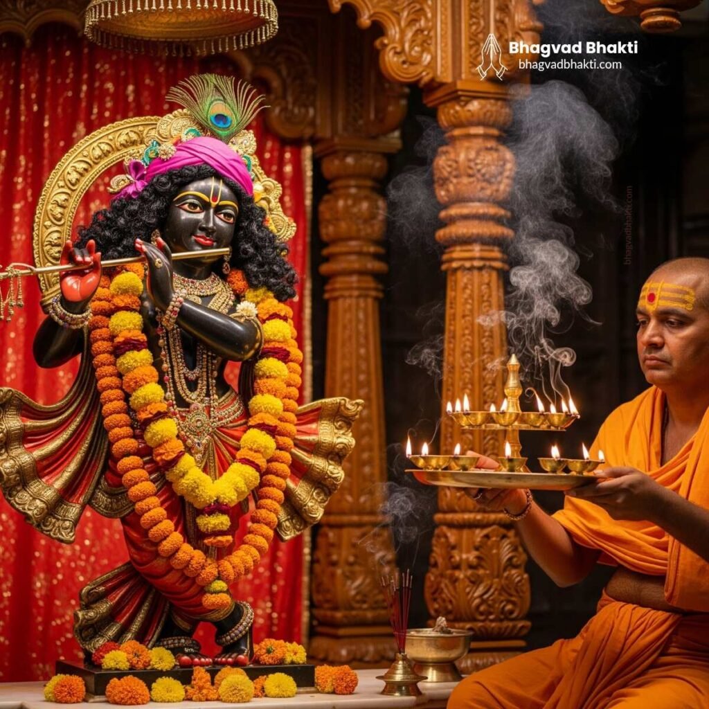 एक पुजारी पंख वाले मुकुट और गेंदे की माला से सुसज्जित काले कृष्ण की आरती (Aarti Shri Krishna Kanhaiya ki) कर रहे हैं।