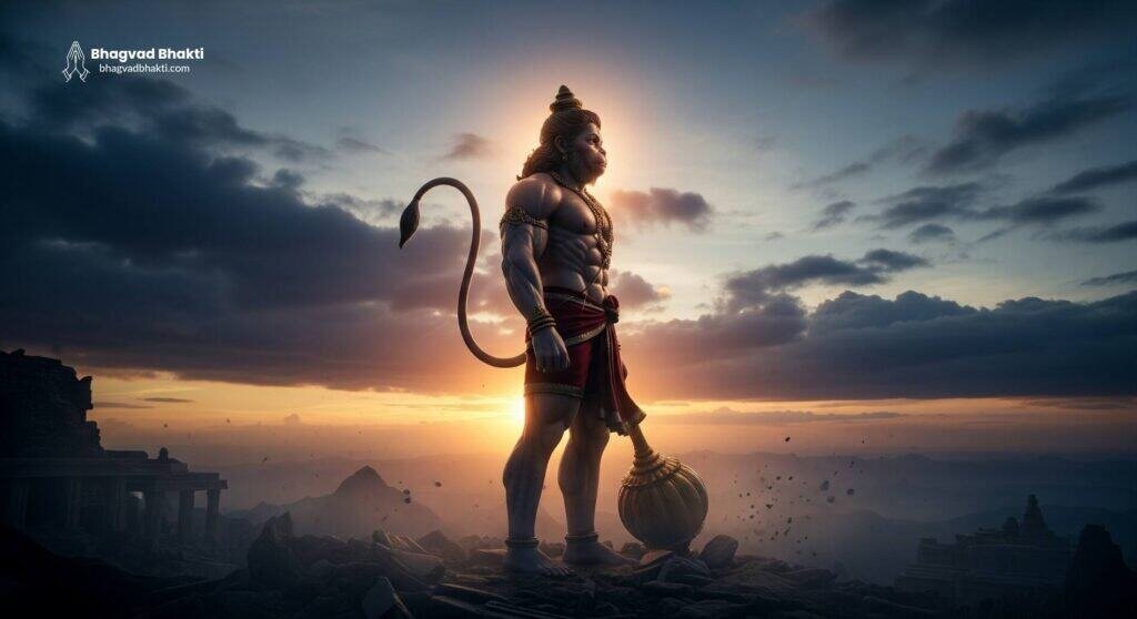 यह इमेज दर्शाती है कि हनुमान जी कितने बलशाली हैं। भगवान हनुमान एक चट्टानी पहाड़ पर गदा लेकर खड़े हैं और पीछे सूर्यास्त का सुंदर नज़ारा है।