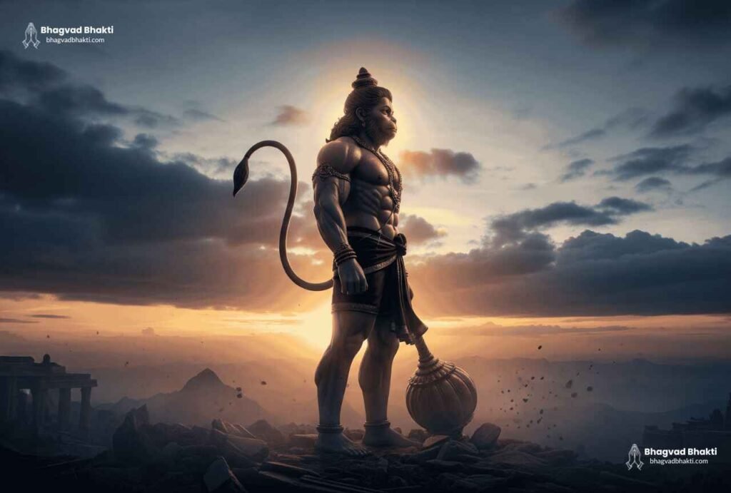 यह इमेज दर्शाती है कि हनुमान जी कितने बलशाली हैं। भगवान हनुमान एक चट्टानी पहाड़ पर गदा लेकर खड़े हैं और पीछे सूर्यास्त का सुंदर नज़ारा है।