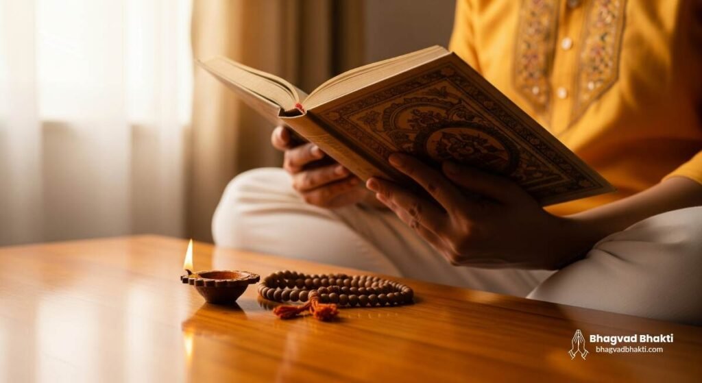 खिड़की की नरम रोशनी में घर के पूजा घर में बैठा व्यक्ति ग्रंथ पाठ (puja karte samay galtiya) कर रहा है। सामने लकड़ी की मेज पर जलता हुआ दीपक और जपमाला रखी है।