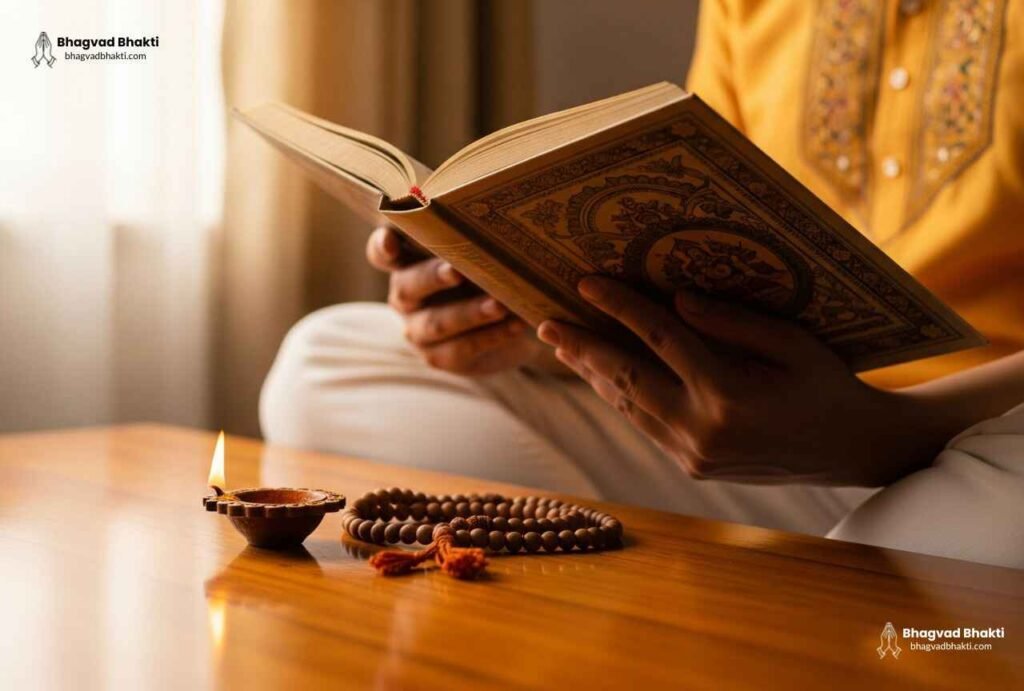 खिड़की की नरम रोशनी में घर के पूजा घर में बैठा व्यक्ति ग्रंथ पाठ (puja karte samay galtiya) कर रहा है। सामने लकड़ी की मेज पर जलता हुआ दीपक और जपमाला रखी है।