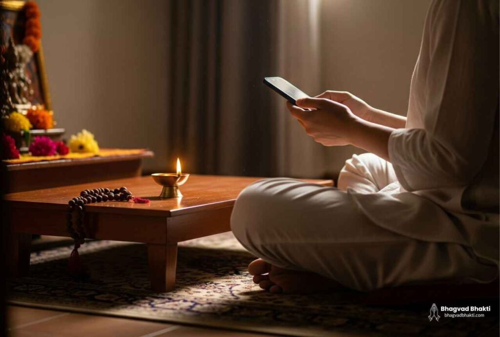 Why Puja Faiils - सफ़ेद कपड़े पहने एक व्यक्ति पूजा घर में बैठकर फ़ोन चला रहा है। सामने लकड़ी की मेज पर दीया जल रहा है और एक माला रखी है। बैकग्राउंड में भगवान की मूर्ति और फूल सजे हैं।