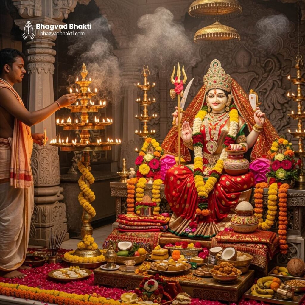 एक प्रसिद्ध संतोषी माता के समक्ष पुजारी आरती (Jai Santoshi Mata Lyrics in Hindi) करते हुए, बहु-स्तरीय तांबेदार दीये, गेंदे के फूल और भोग व्यवस्था के साथ।