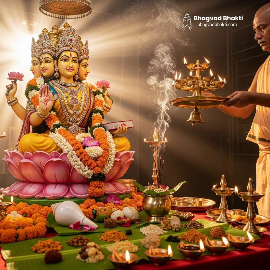 पुजारी पल्लवित कमल पर विराजित पंचमुखी गायत्री माता की आरती (Gayatri Mata Aarti Lyrics) कर रहे हैं।