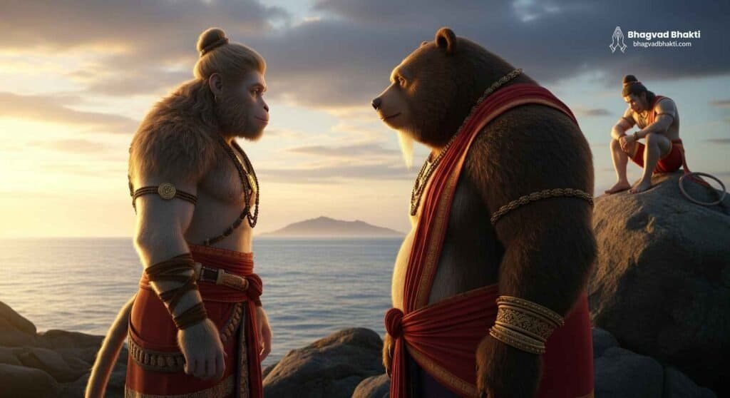 अंगद लंका क्यों नहीं गये थे - सूर्यास्त के समय अंगद और जाम्बवान समुद्र तट की चट्टानों पर आमने-सामने हैं, और हनुमान उनके पीछे चट्टान पर बैठे हैं।