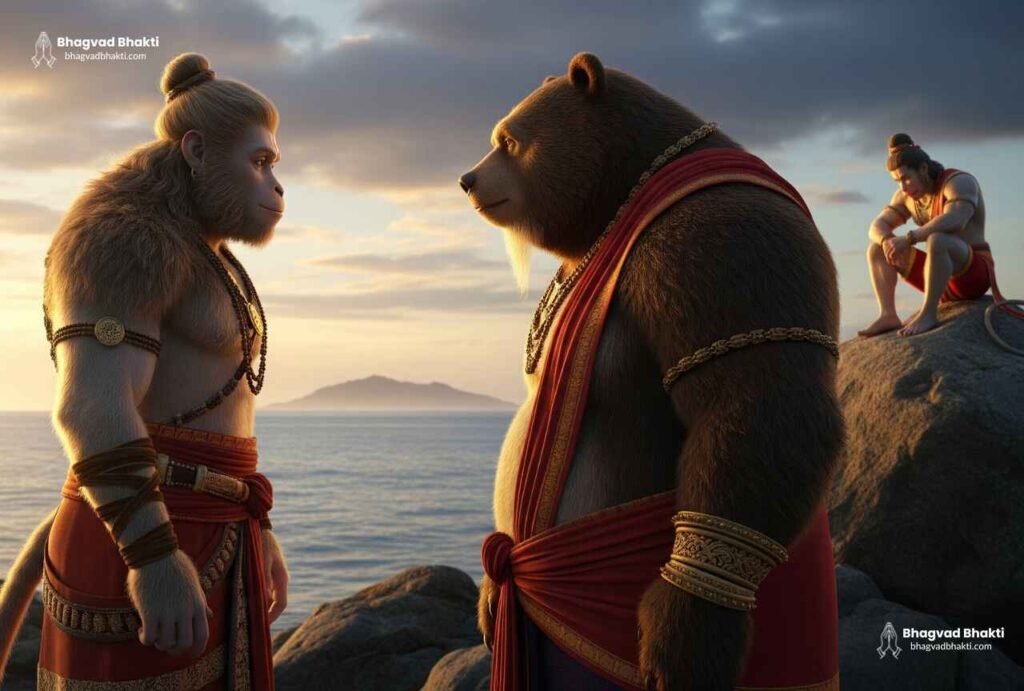Why didn’t Angada go to Lanka - Angad and Jambavan face-to-face on coastal rocks at sunset, and Hanuman is sitting behind on the rock.