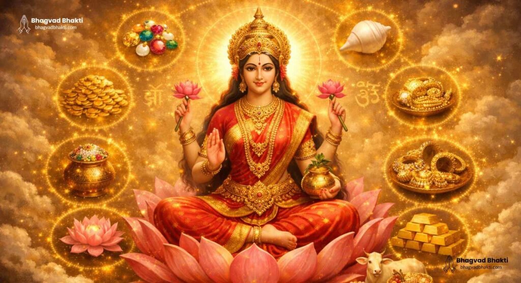 माँ लक्ष्मी की दिव्य छवि जिसमें नव या नौ निधियाँ (nau nidhi), स्वर्ण, कमल और समृद्धि के प्रतीक दर्शाए गए हैं।