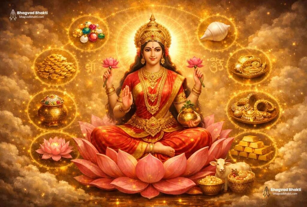 Divine image of Goddess Lakshmi showing Nine Nidhis, gold, lotus flowers, and symbols of prosperity.