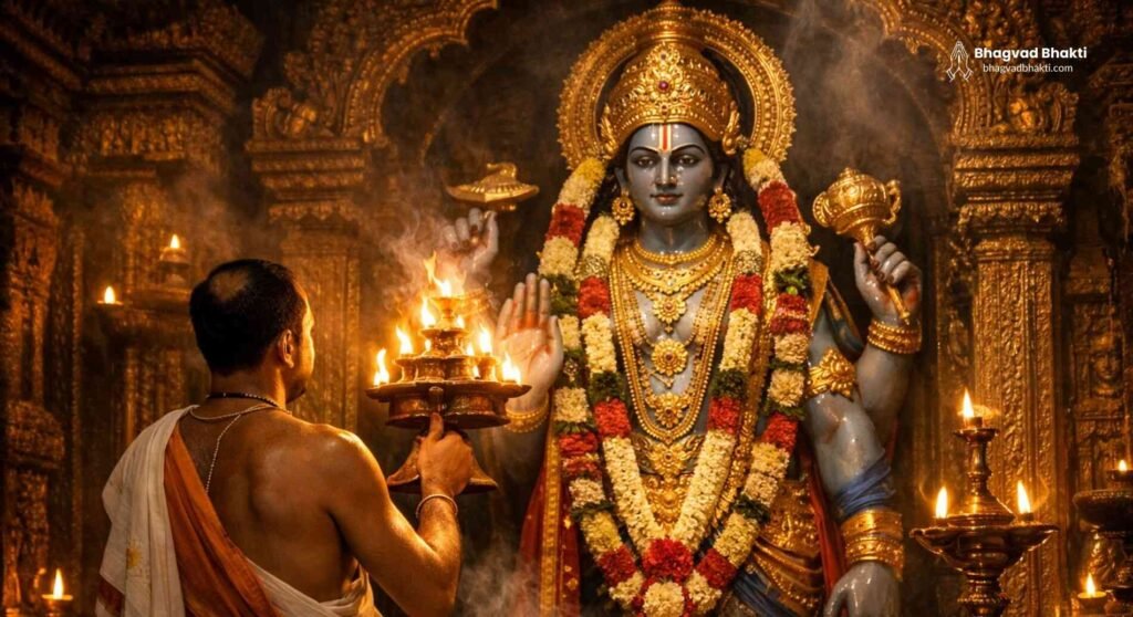 एक भव्य मंदिर में तेल के दीयों और अगरबत्ती की रोशनी में भगवान विष्णु की मूर्ति के सामने पुजारी आरती (Vishnu Bhagwan ki Aarti) कर रहे हैं।