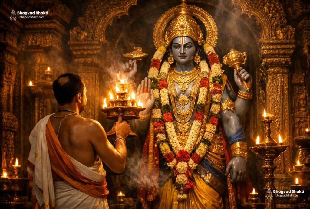 एक भव्य मंदिर में तेल के दीयों और अगरबत्ती की रोशनी में भगवान विष्णु की मूर्ति के सामने पुजारी आरती (Vishnu Bhagwan ki Aarti, Om Jai Jagdish Hare) कर रहे हैं।