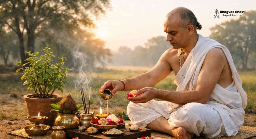 एक ब्राह्मण अनुष्ठान (अनुष्ठान से नेत्र ज्योति प्राप्ति) कर रहे हैं। उनके सामने तुलसी, दीपक, पुष्प आदि सभी पूजा की आवश्यक सामग्री रखी हुई है।