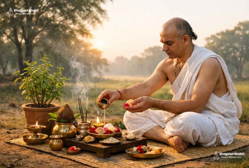 A Brahmin is performing the ritual. All the necessary puja materials, including Tulsi (basil), lamps, flowers, etc., are placed before him. (Vision restored through ritual)