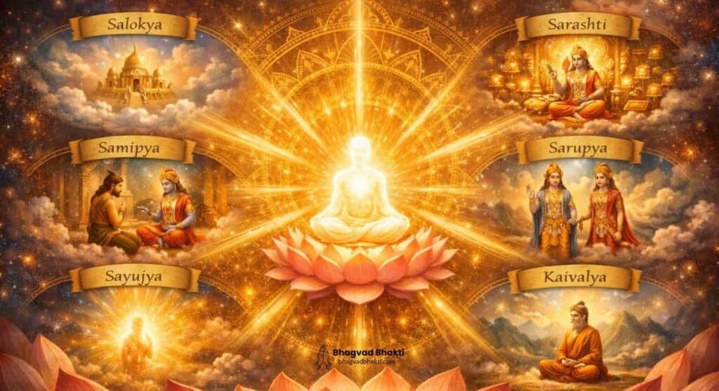 हिंदू दर्शन में मोक्ष के प्रकार सालोक्य, सामीप्य, सारूप्य, सायुज्य और कैवल्य को दिव्य प्रतीकवाद के साथ दर्शाए गए हैं।