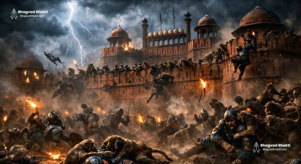 अकबर के लाल किला में वानर सेना के आक्रमण का दृश्य जिसमें वानर मुग़ल सैनिकों को मार रहे हैं। ये तुलसीदास को बचाने वाले बंदर थे।